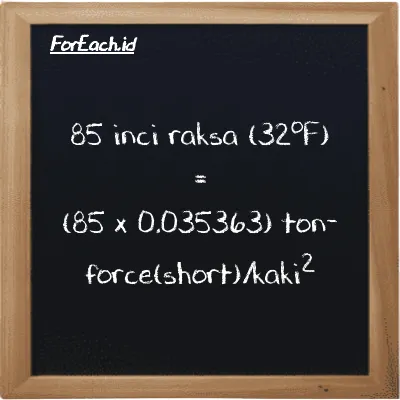 Cara konversi inci raksa (32<sup>o</sup>F) ke ton-force(short)/kaki<sup>2</sup> (inHg ke tf/ft<sup>2</sup>): 85 inci raksa (32<sup>o</sup>F) (inHg) setara dengan 85 dikalikan dengan 0.035363 ton-force(short)/kaki<sup>2</sup> (tf/ft<sup>2</sup>)